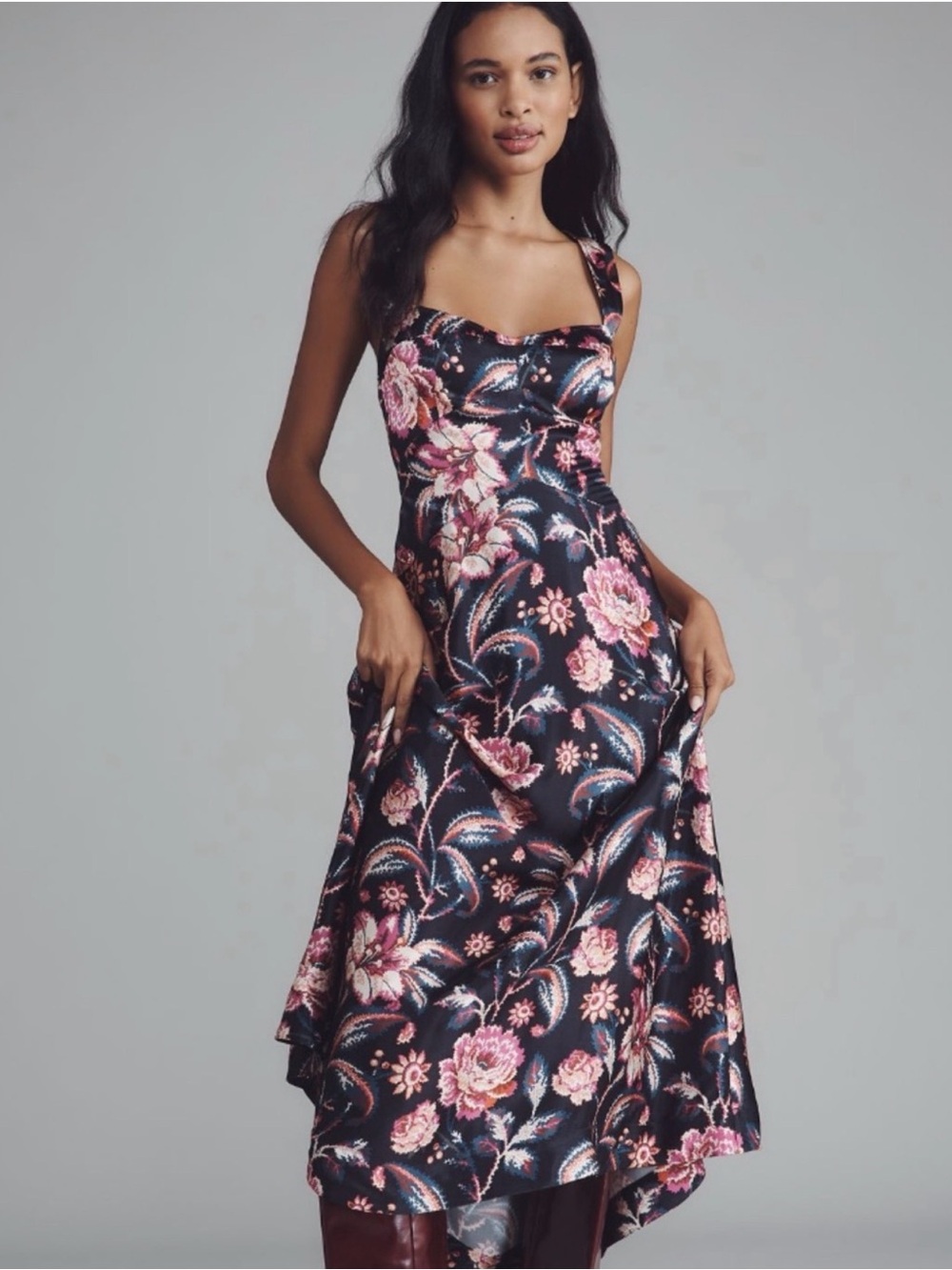 NWT Anthropologie Black Dress with Pink Floral Satin High-Low Hem